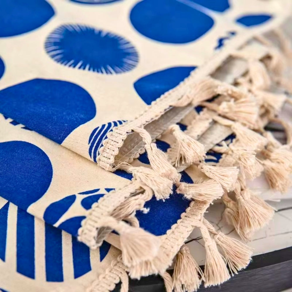 Retro Blue Polka Dot Curtain | Blackout Valance, Tassel Edge