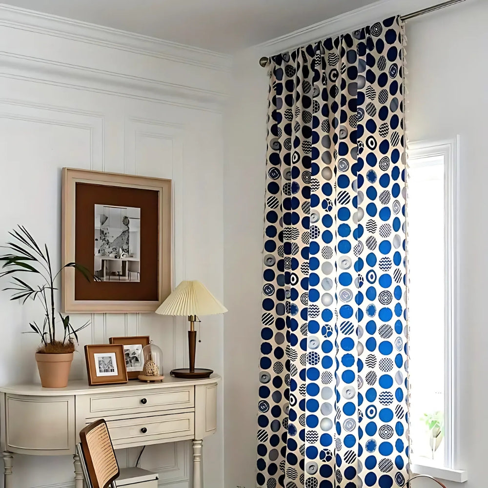 Retro Blue Polka Dot Curtain | Blackout Valance, Tassel Edge