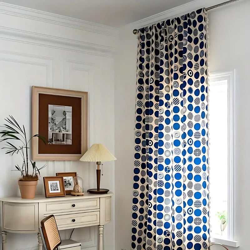 Retro Blue Polka Dot Curtain | Blackout Valance, Tassel Edge