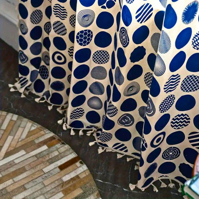 Retro Blue Polka Dot Curtain | Blackout Valance, Tassel Edge