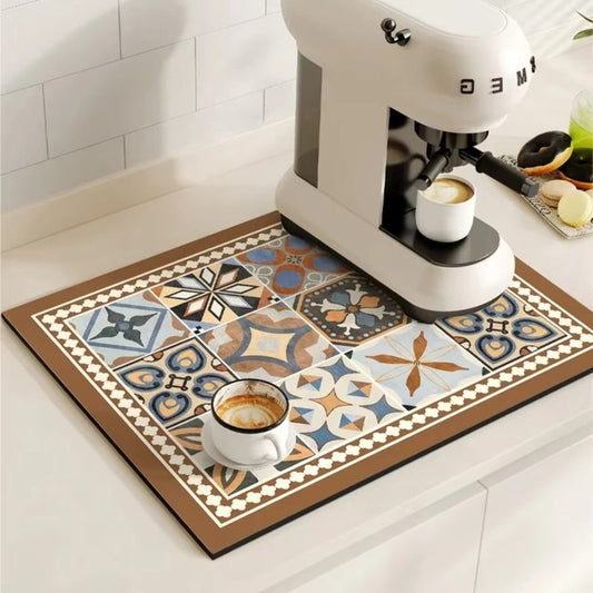 Retro Tile Design Absorbent Coffee Mat for Kitchen - Quick-Drying and Stylish 0