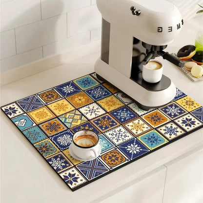 Retro Tile Design Absorbent Coffee Mat for Kitchen - Quick-Drying and Stylish 10