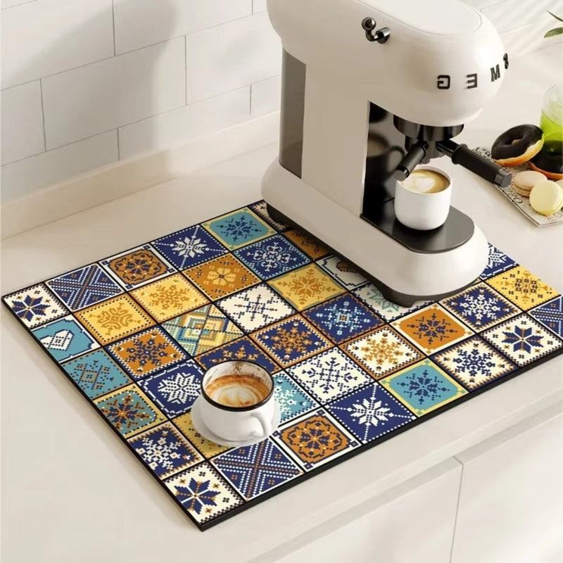 Retro Tile Design Absorbent Coffee Mat for Kitchen - Quick-Drying and Stylish 10
