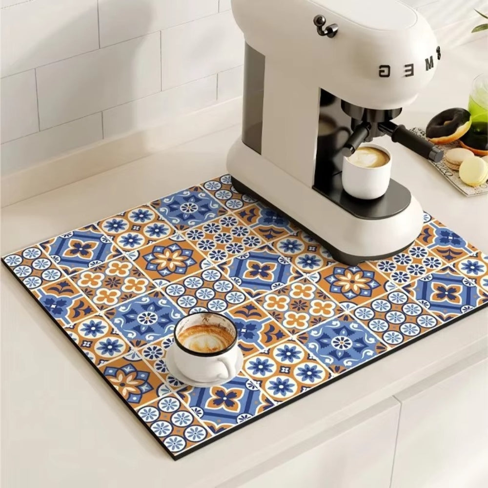 Retro Tile Design Absorbent Coffee Mat for Kitchen - Quick-Drying and Stylish 3