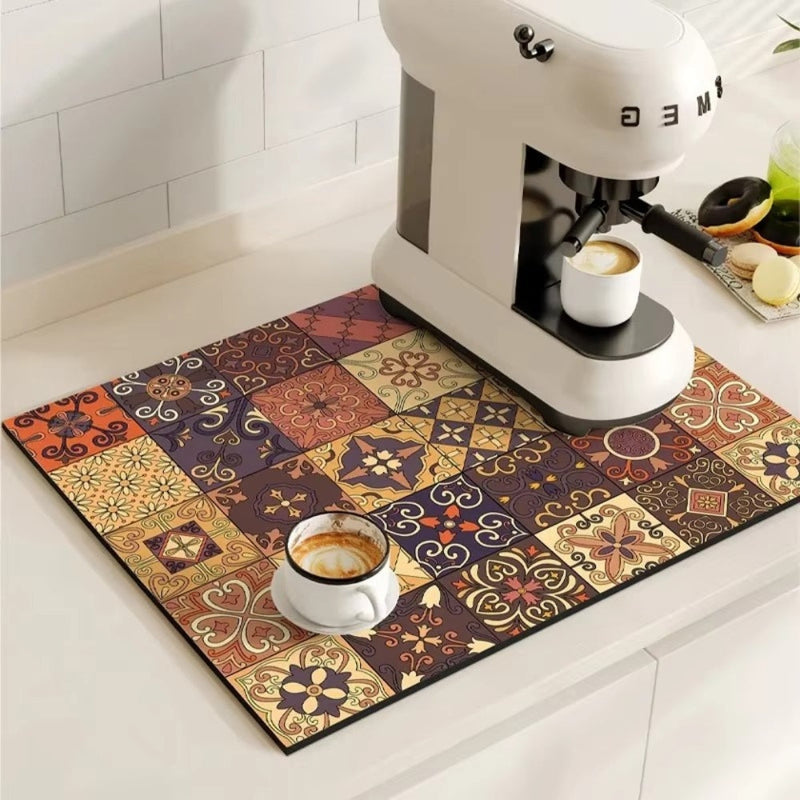 Retro Tile Design Absorbent Coffee Mat for Kitchen - Quick-Drying and Stylish 4