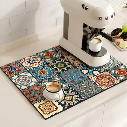 Retro Tile Design Absorbent Coffee Mat for Kitchen - Quick-Drying and Stylish 8