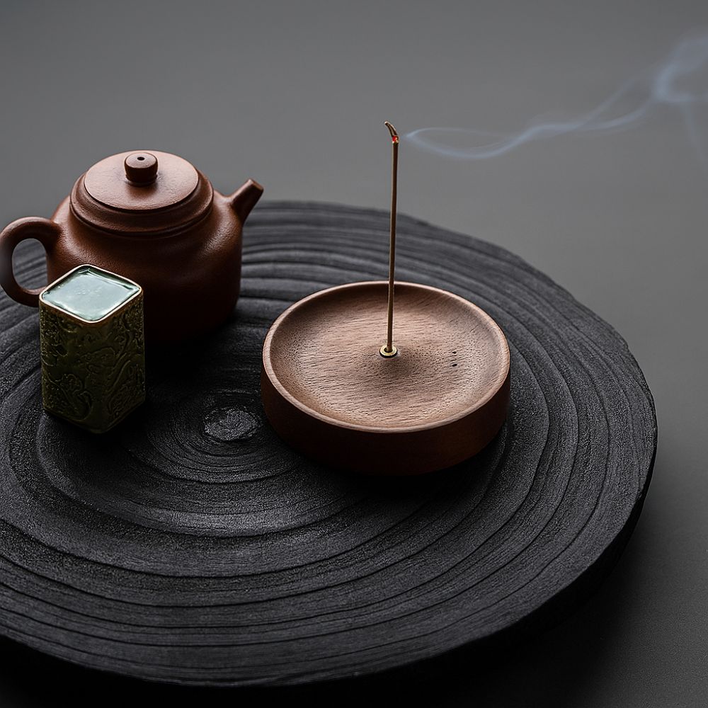 Round Wood Incense Stick Holder with Ash Catcher