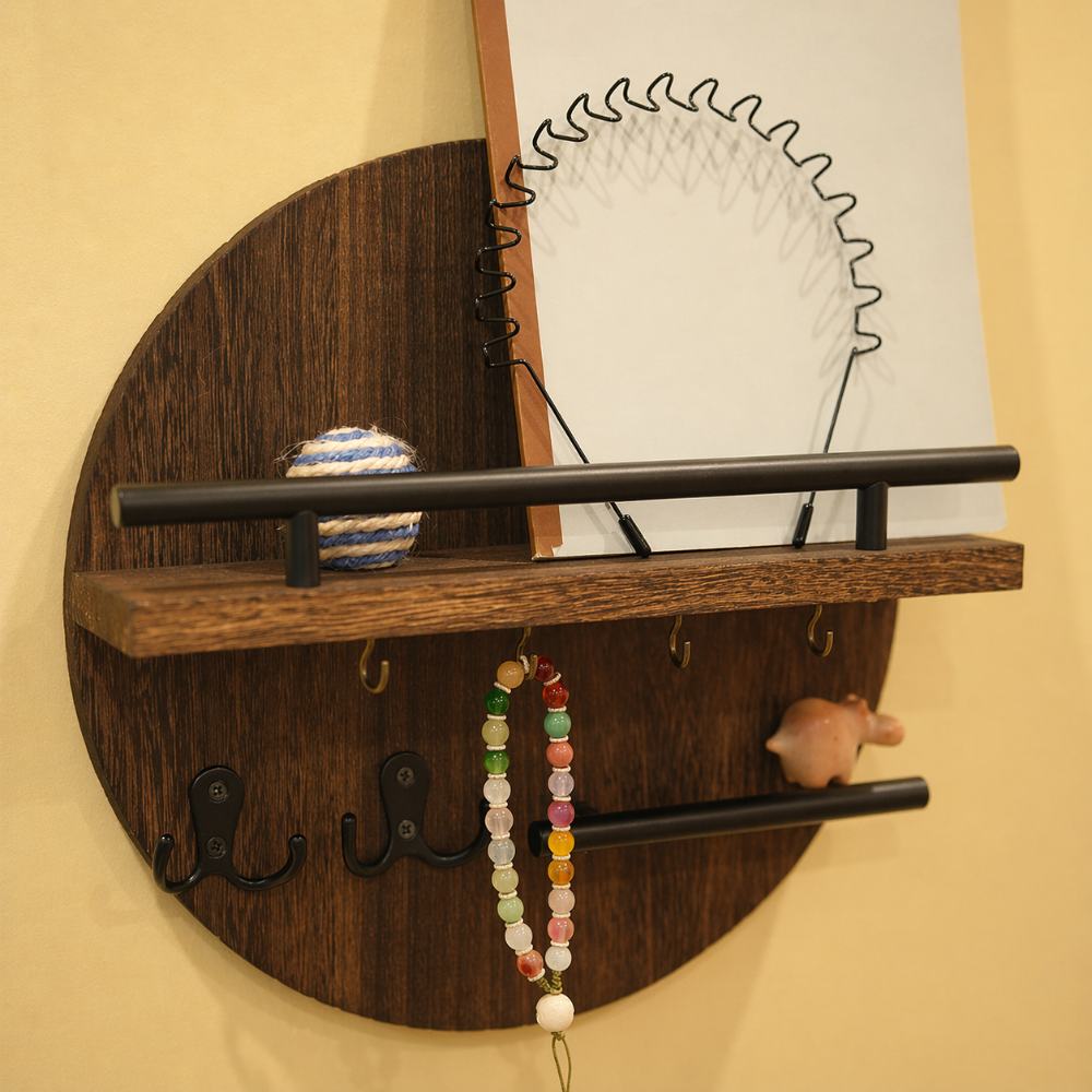 Round Wooden Key Holder for Wall – Eco-Friendly Key Organizer with Hooks and Shelf – Modern Scandinavian Design 2