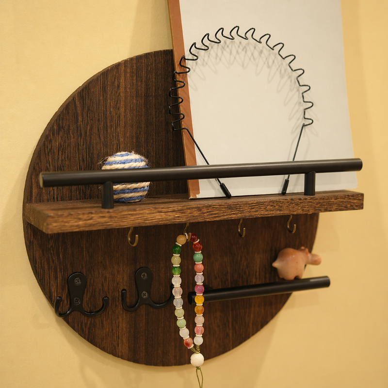 Round Wooden Key Holder for Wall – Eco-Friendly Key Organizer with Hooks and Shelf – Modern Scandinavian Design 2