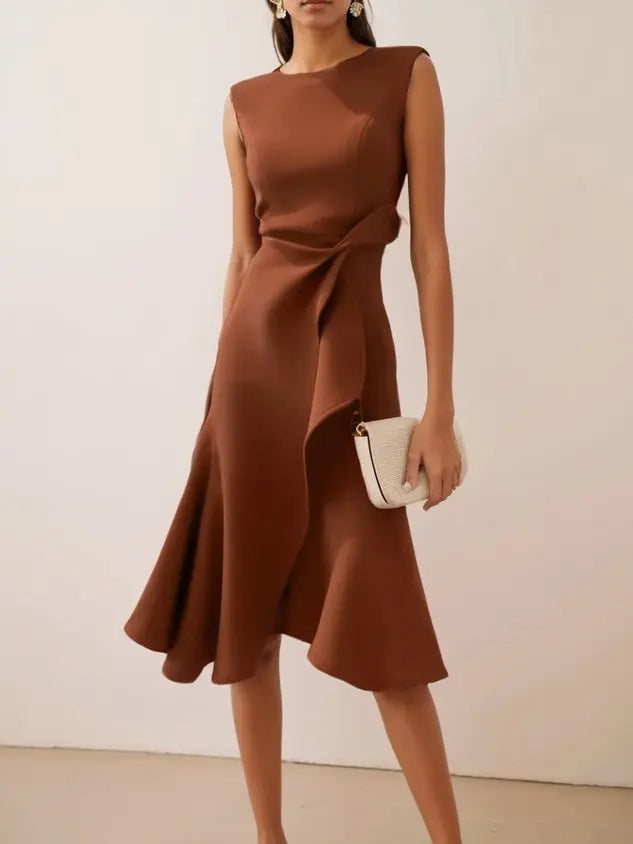 Tamsin Women's Asymmetric Midi Dress | Draped, Round Neck, Sleeveless