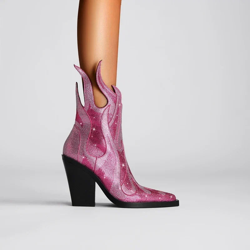 Thea Women's Block Heel Ankle Boots | Western, Rhinestone, Pointed Toe