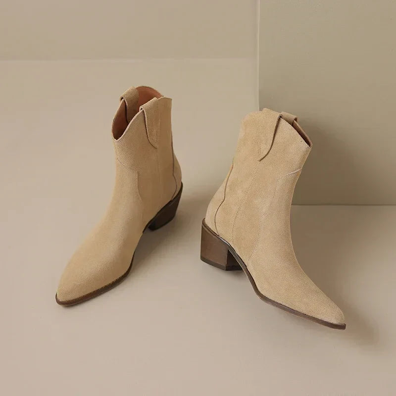 Tamsin Women's Suede Ankle Boots | Block Heel, Western, Pointed Toe