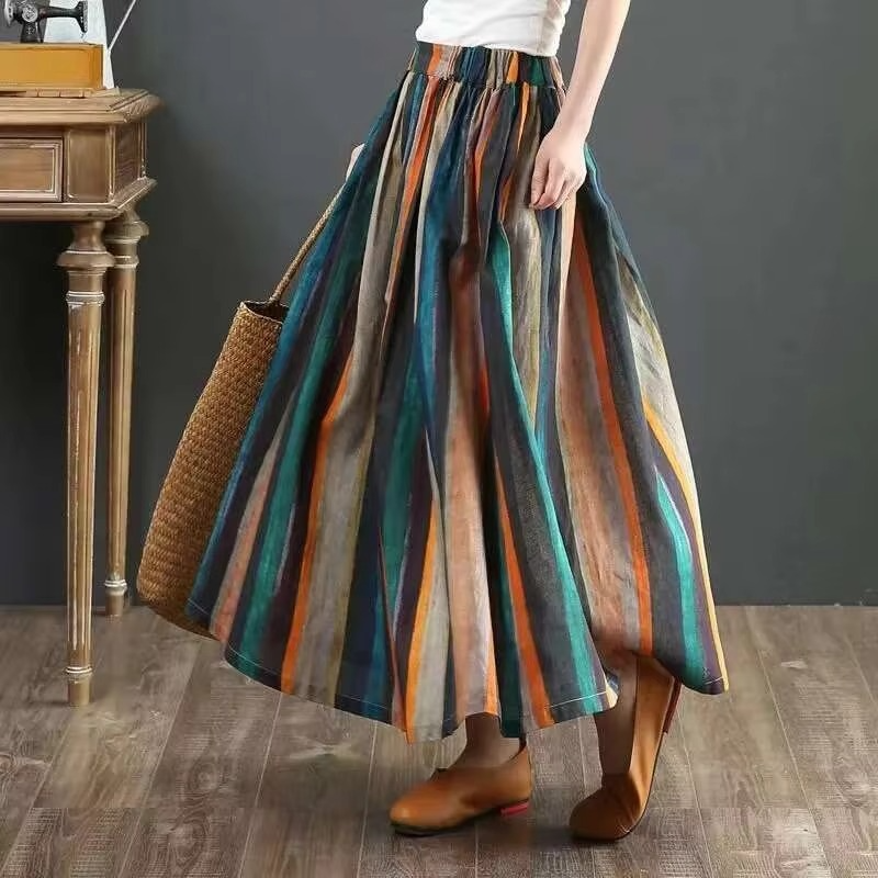 Yara Women's Pleated Skirt | Striped, A-line, Cotton