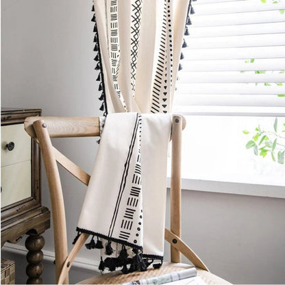 Solstice Loom Artisan Tassel Curtain | Embroidered Grid, Blackout