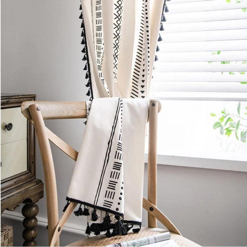 Solstice Loom Artisan Tassel Curtain | Embroidered Grid, Blackout