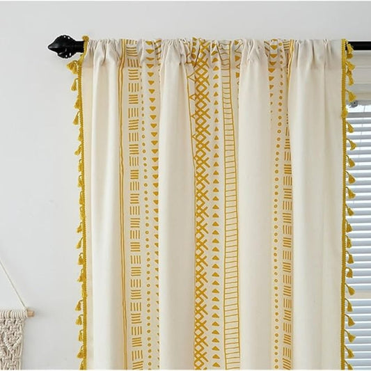 Solstice Loom Artisan Tassel Curtain | Embroidered Grid, Blackout