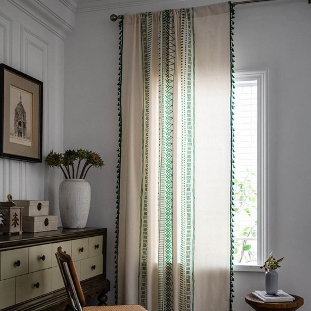 Solstice Loom Artisan Tassel Curtain | Embroidered Grid, Blackout