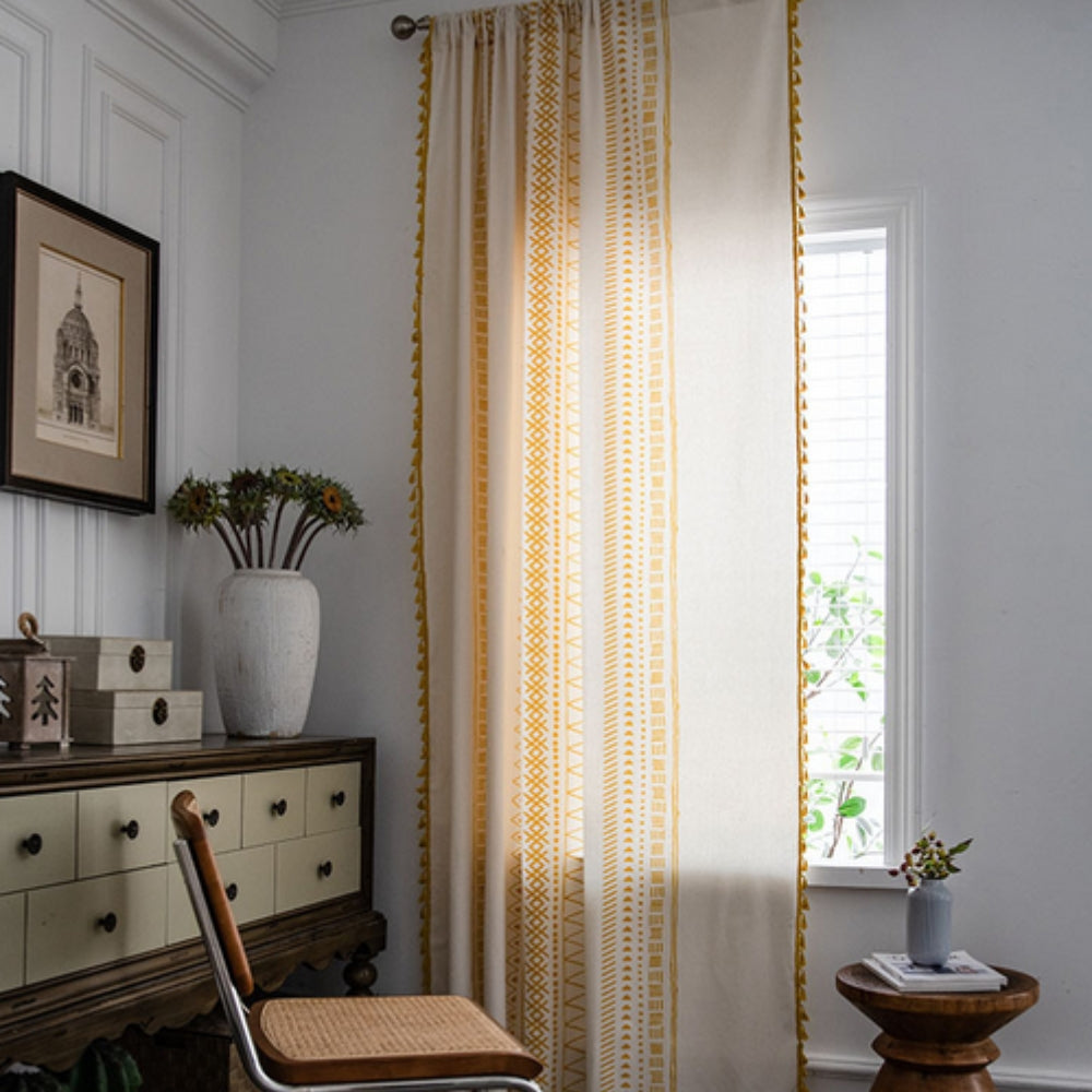 Solstice Loom Artisan Tassel Curtain | Embroidered Grid, Blackout