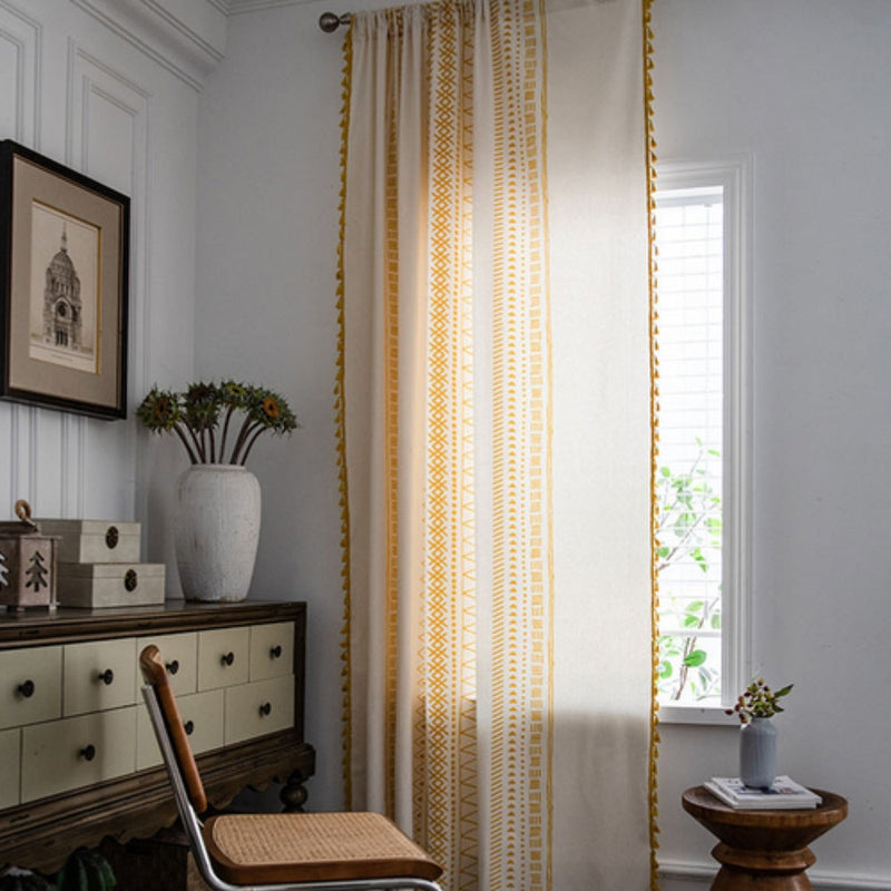 Solstice Loom Artisan Tassel Curtain | Embroidered Grid, Blackout