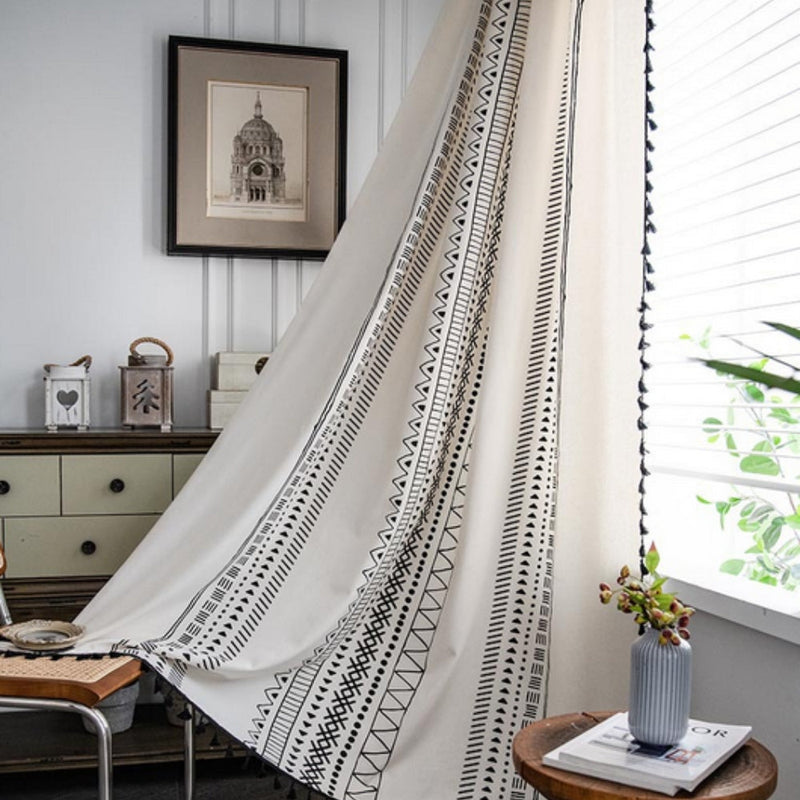 Solstice Loom Artisan Tassel Curtain | Embroidered Grid, Blackout