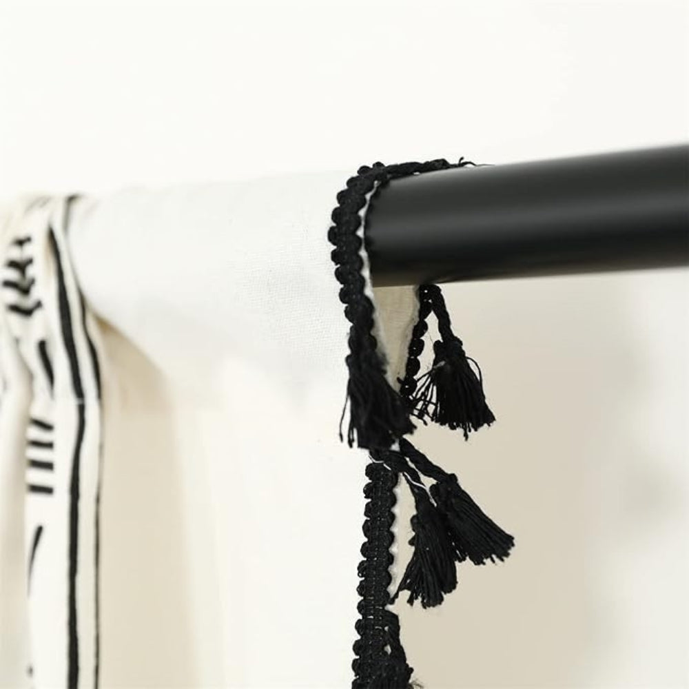 Solstice Loom Artisan Tassel Curtain | Embroidered Grid, Blackout