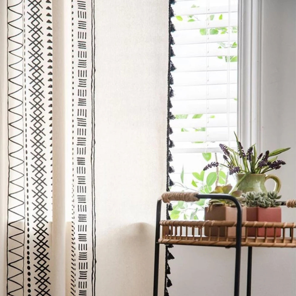 Solstice Loom Artisan Tassel Curtain | Embroidered Grid, Blackout