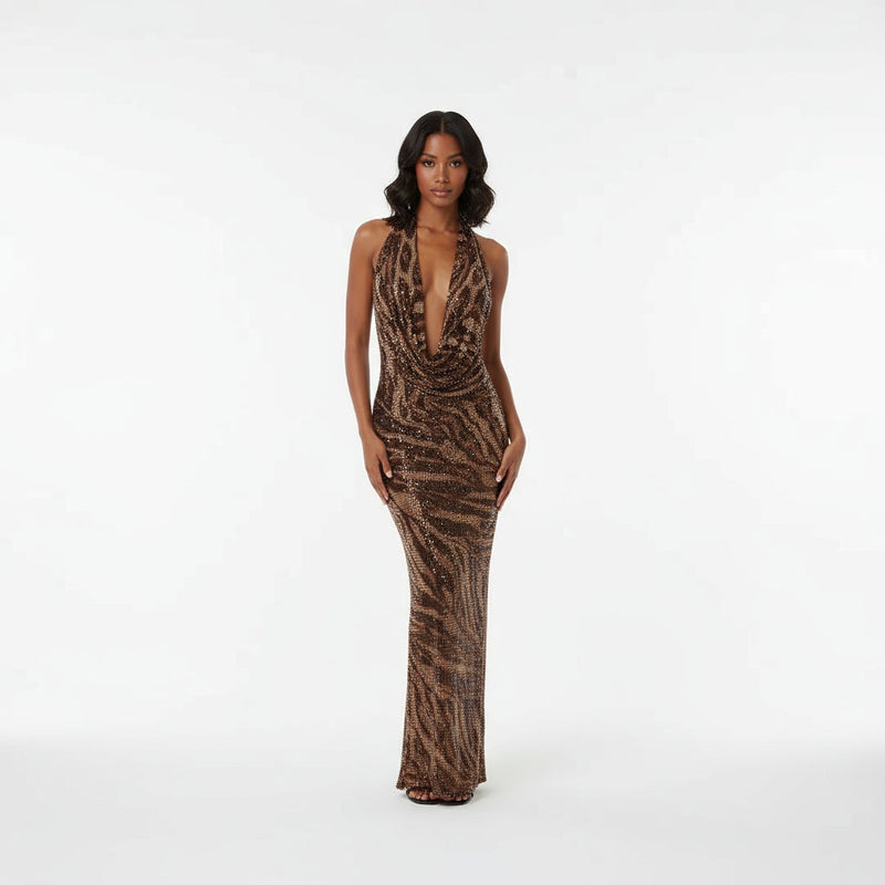 Robe Longue de Soirée Femme Sophie | Imprimé Léopard à Paillettes, Élégante