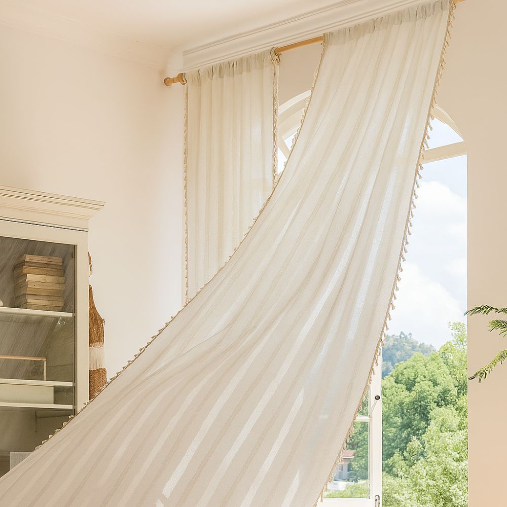 Sunlit Stripes Sheer Tassel Curtain | Hollow-Out Weave, Airy