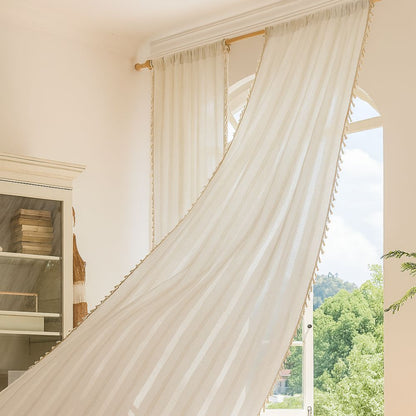 Sunlit Stripes Sheer Tassel Curtain | Hollow-Out Weave, Airy
