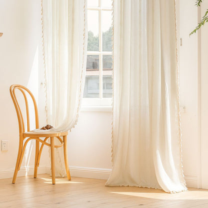 Sunlit Stripes Sheer Tassel Curtain | Hollow-Out Weave, Airy