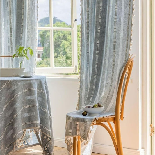 Sunlit Stripes Sheer Tassel Curtain | Hollow-Out Weave, Airy