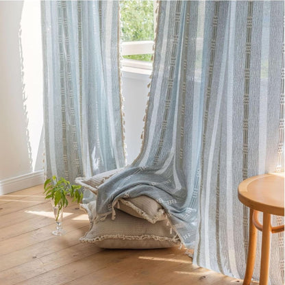 Sunlit Stripes Sheer Tassel Curtain | Hollow-Out Weave, Airy