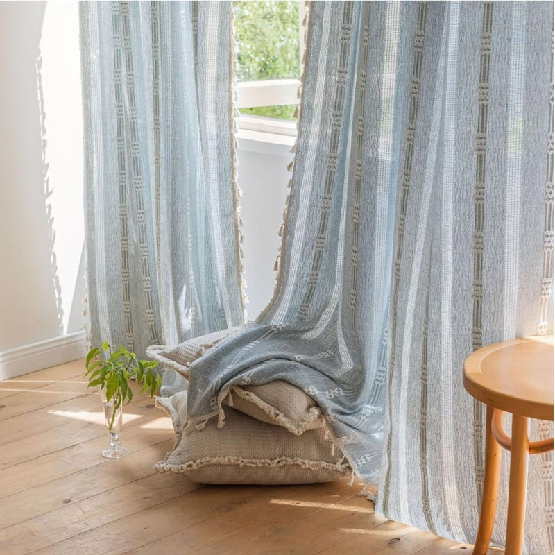 Sunlit Stripes Sheer Tassel Curtain | Hollow-Out Weave, Airy