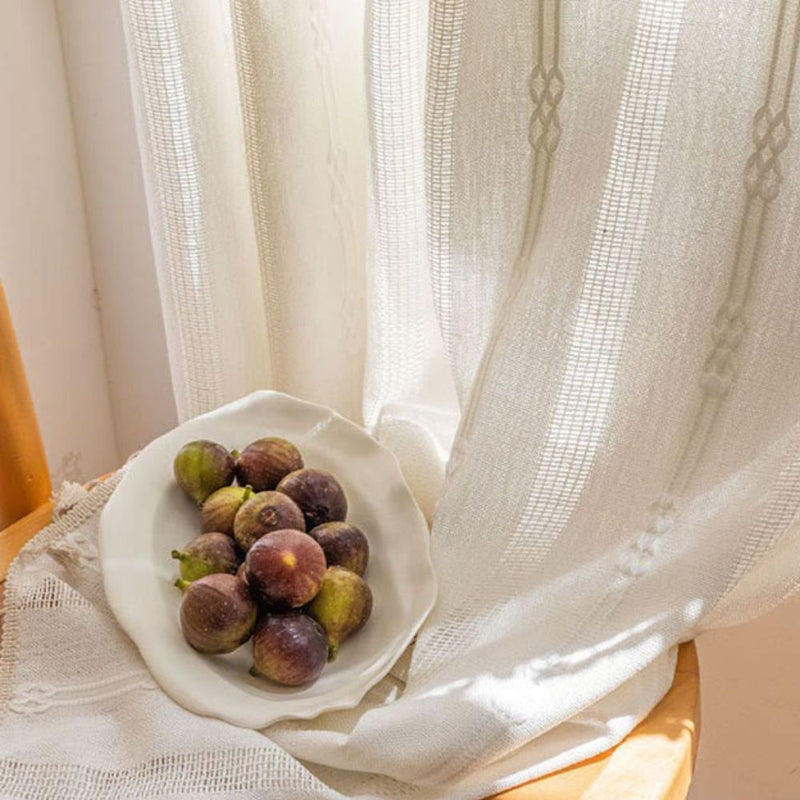 Sunlit Stripes Sheer Tassel Curtain | Hollow-Out Weave, Airy