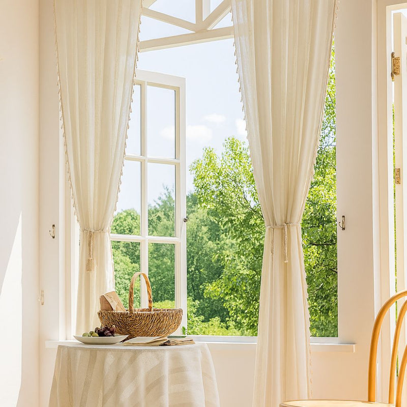 Sunlit Stripes Sheer Tassel Curtain | Hollow-Out Weave, Airy