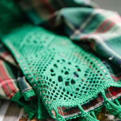 Tartan Crochet Lace Tassel Curtain | Vintage Plaid, Semi-Shade