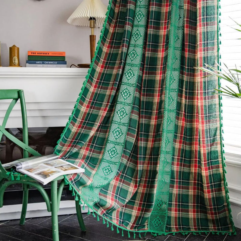 Tartan Crochet Lace Tassel Curtain | Vintage Plaid, Semi-Shade