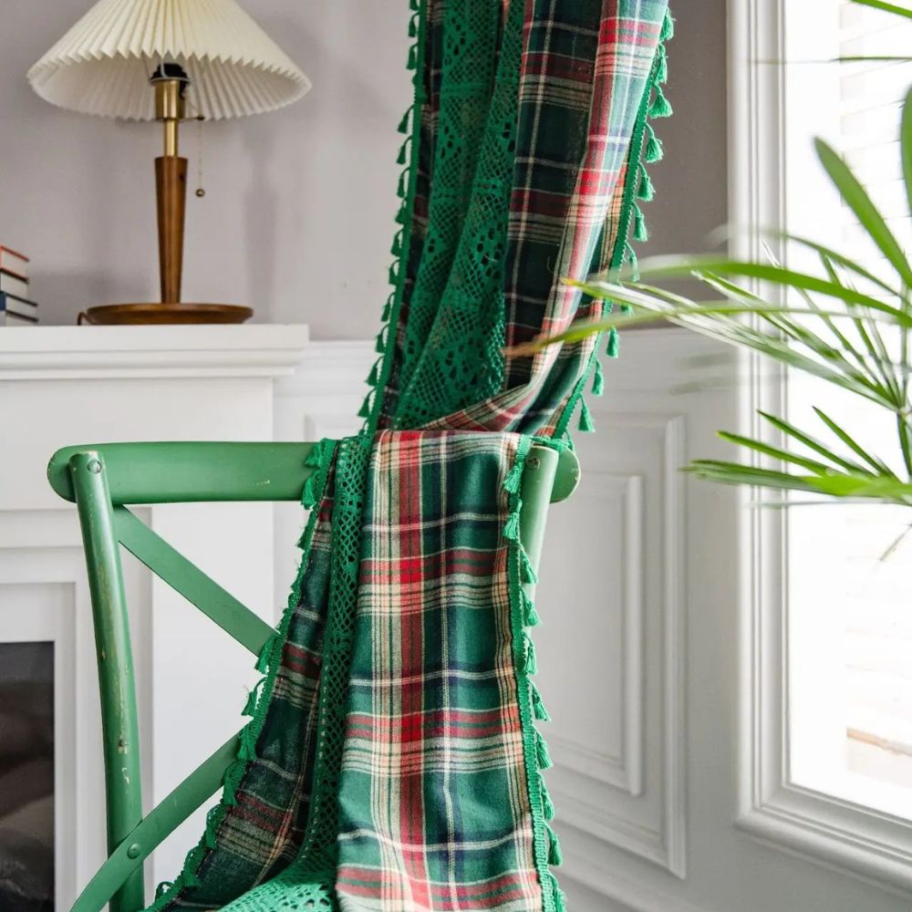 Tartan Crochet Lace Tassel Curtain | Vintage Plaid, Semi-Shade