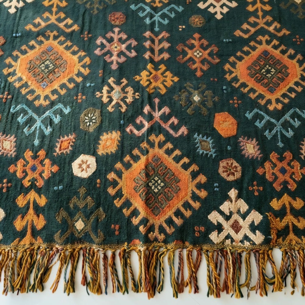 Tribal-Inspired Soft Geometric Fringe Blanket