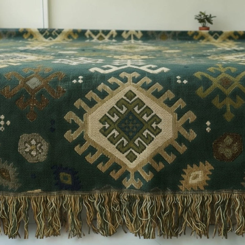 Tribal-Inspired Soft Geometric Fringe Blanket