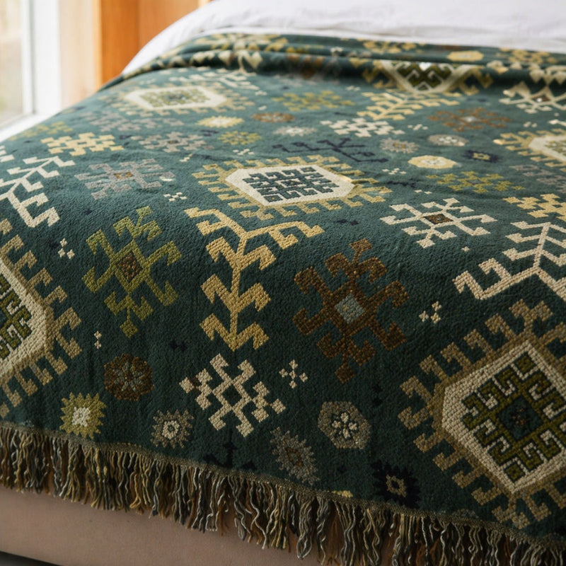 Tribal-Inspired Soft Geometric Fringe Blanket
