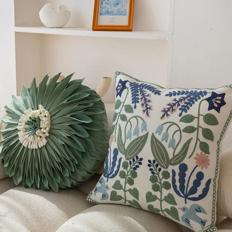 Vintage Botanical Embroidery Cushion Cover
