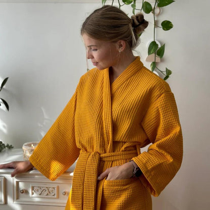 Waffle V-Neck Bathrobe for Men and Women - Soft Cotton, Adjustable Fit, Lightweight and Comfortable Robe for All Seasons 1