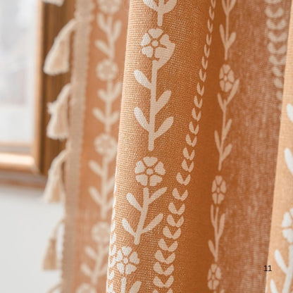 Wheat Pattern Beige Tassel Curtain | Embroidered, Country Style