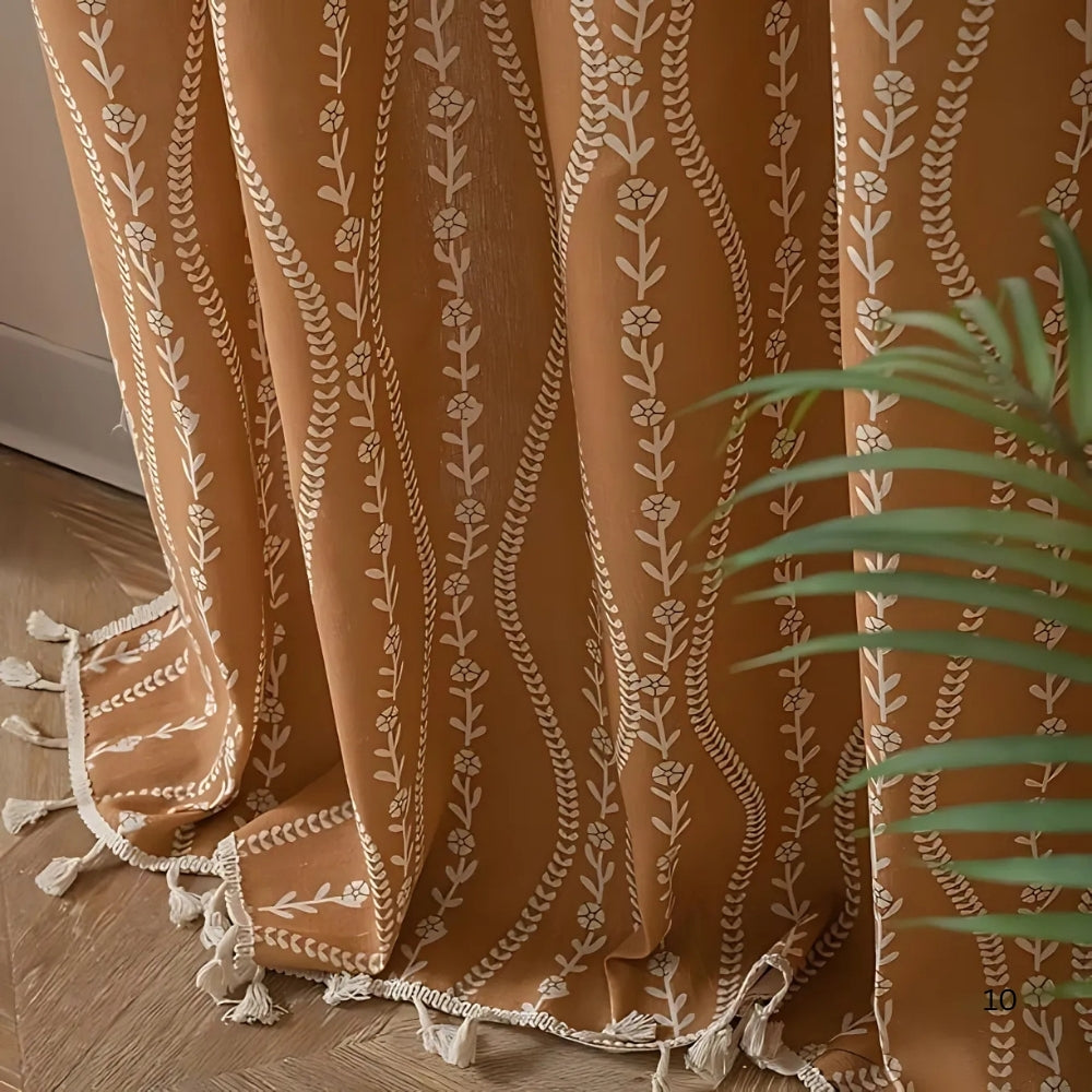 Wheat Pattern Beige Tassel Curtain | Embroidered, Country Style