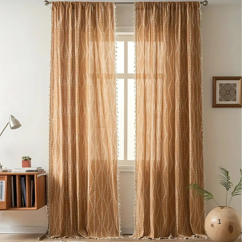 Wheat Pattern Beige Tassel Curtain | Embroidered, Country Style