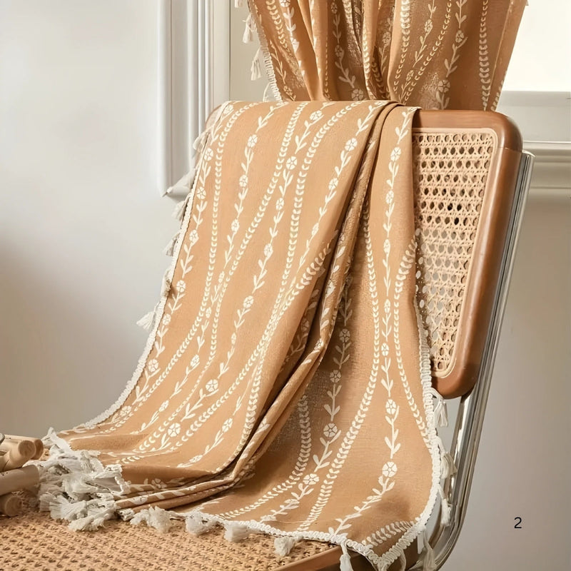 Wheat Pattern Beige Tassel Curtain | Embroidered, Country Style