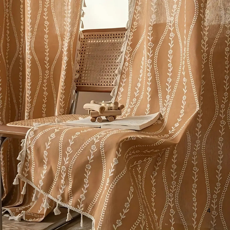 Wheat Pattern Beige Tassel Curtain | Embroidered, Country Style