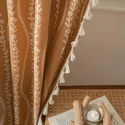 Wheat Pattern Beige Tassel Curtain | Embroidered, Country Style