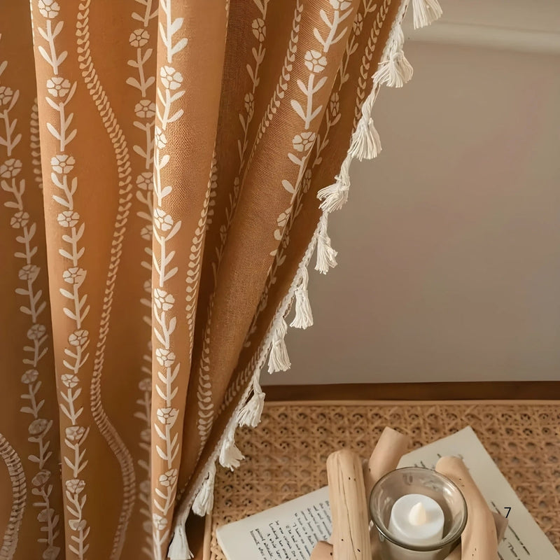Wheat Pattern Beige Tassel Curtain | Embroidered, Country Style